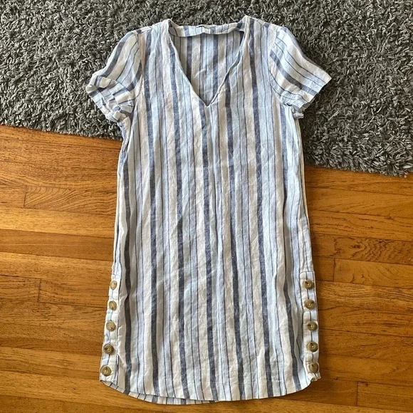 Madewell Linen Side-Button Striped Easy Dress Size XXS - Picture 3 of 16